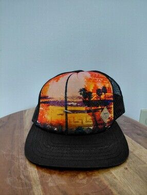 Society Clothing Beach Sunset Palm Trees Black Trucker Hat OS
